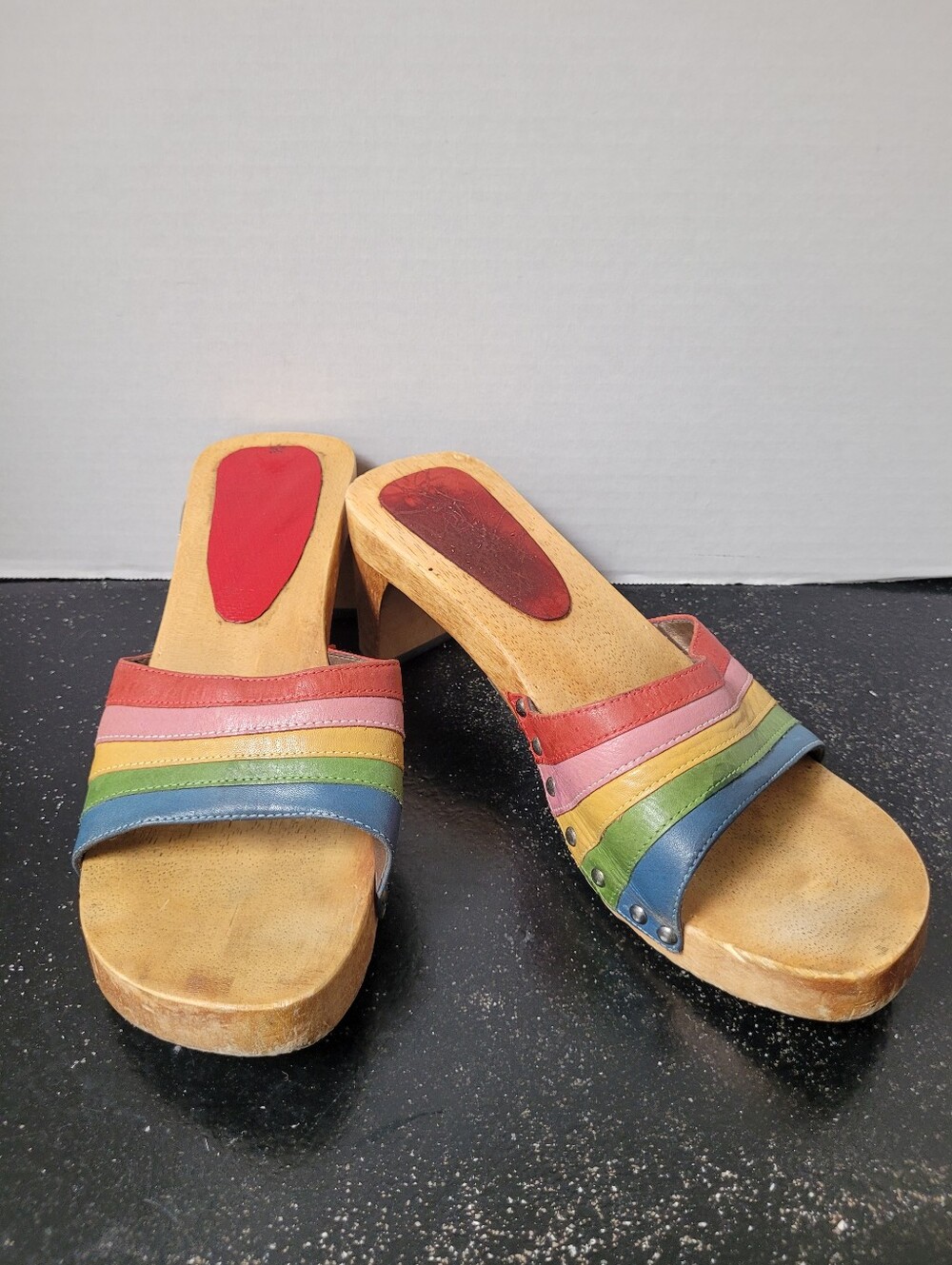 Faith Multi-Color Leather Slide Wooden Heels - Rainbow Straps